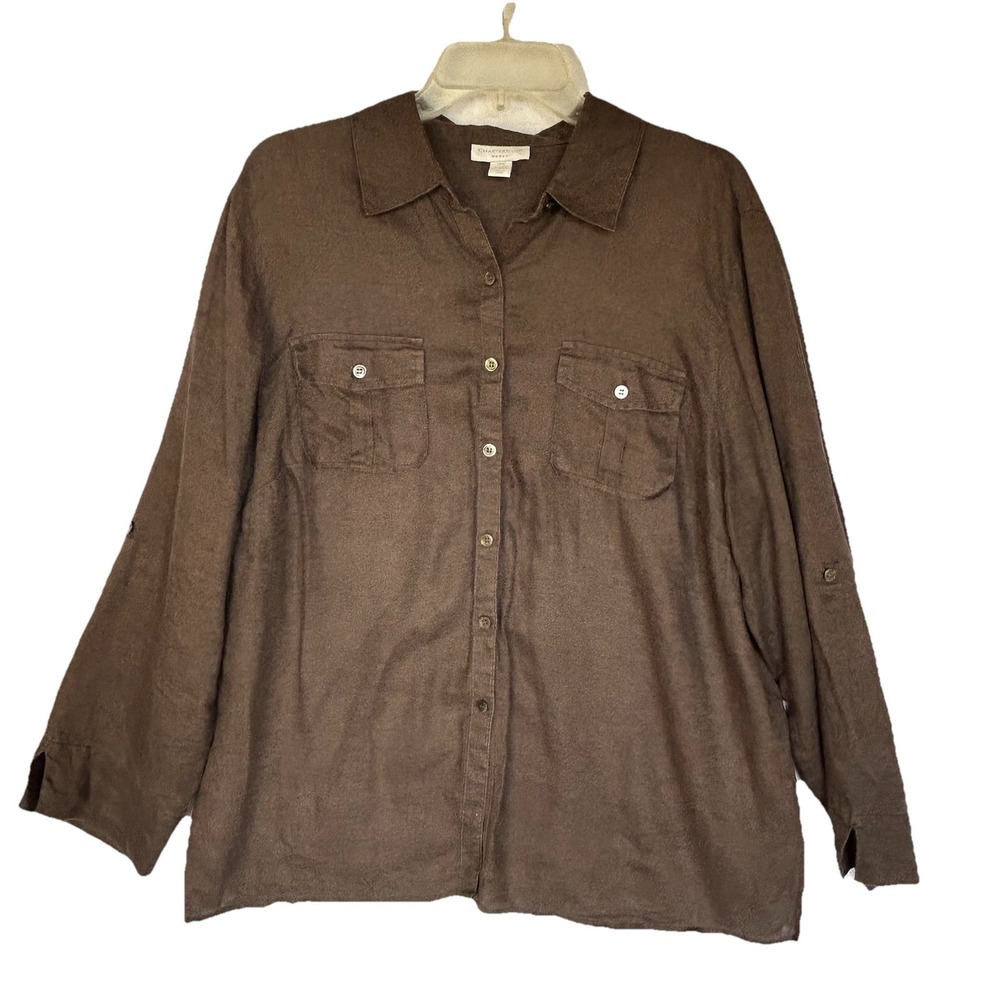 Charter Club Women's Shirt Button Down Linen Pockets Roll up Sleeves Brown 14W
